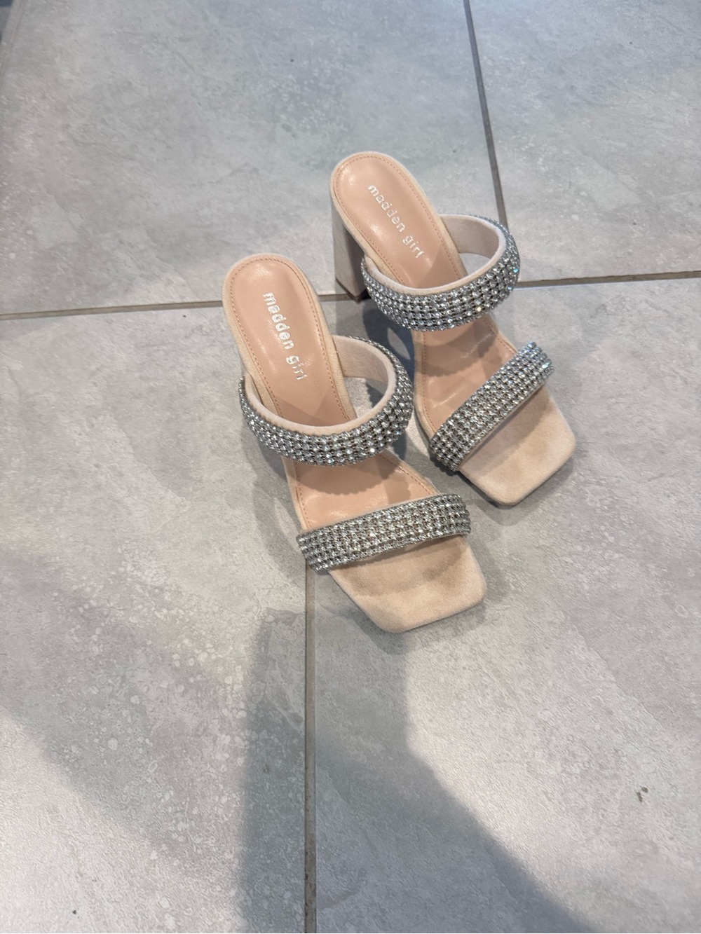 Madden Girl Beige Rhinestone Double-Strap Block Heel Sandals